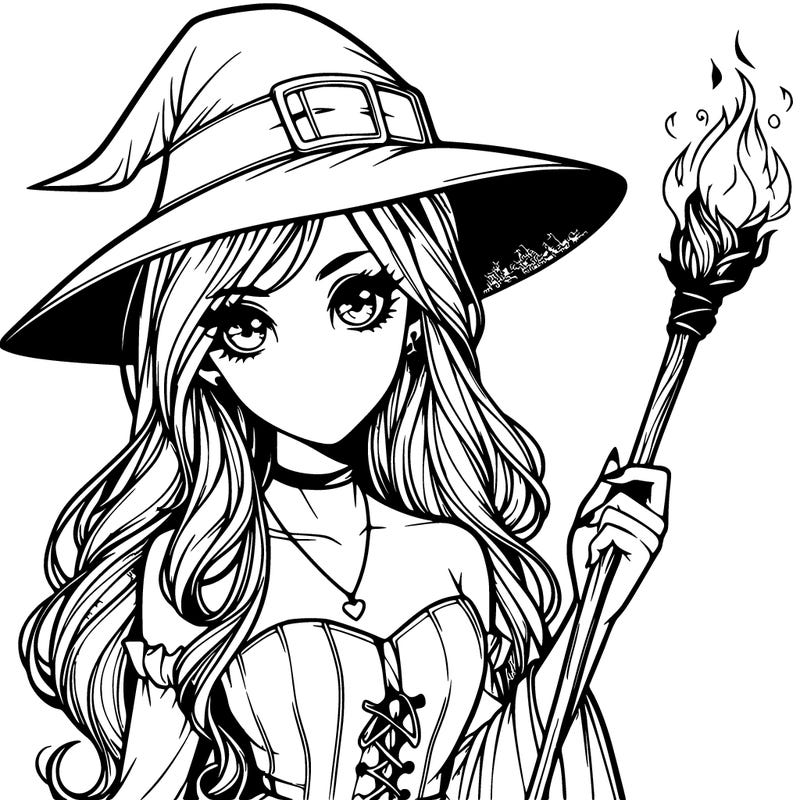 realistic witch girl with a wand and long hair