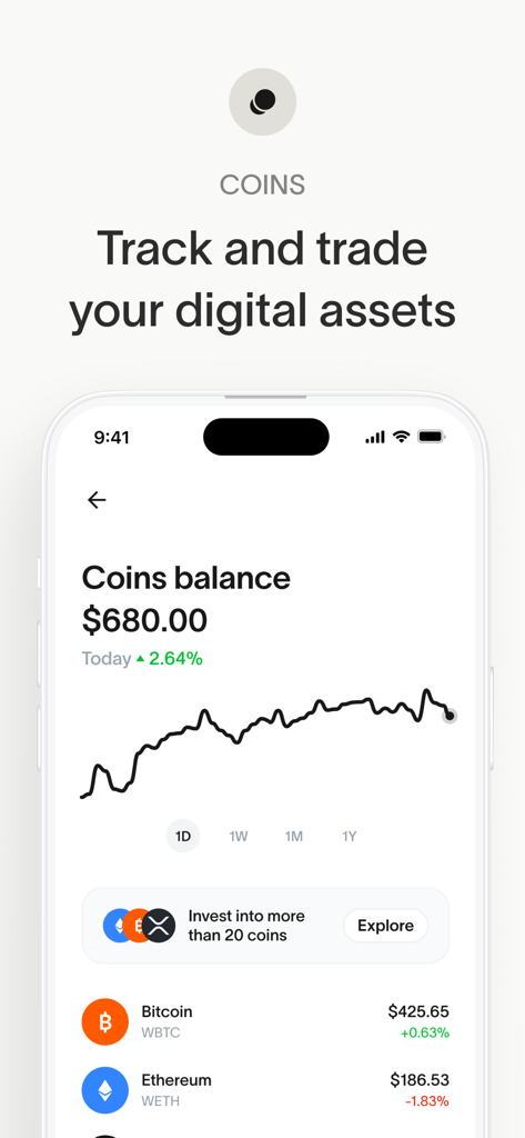 World App-Oberfläche, die den Saldo digitaler Vermögenswerte und Kryptowährungspreisdiagramme anzeigt