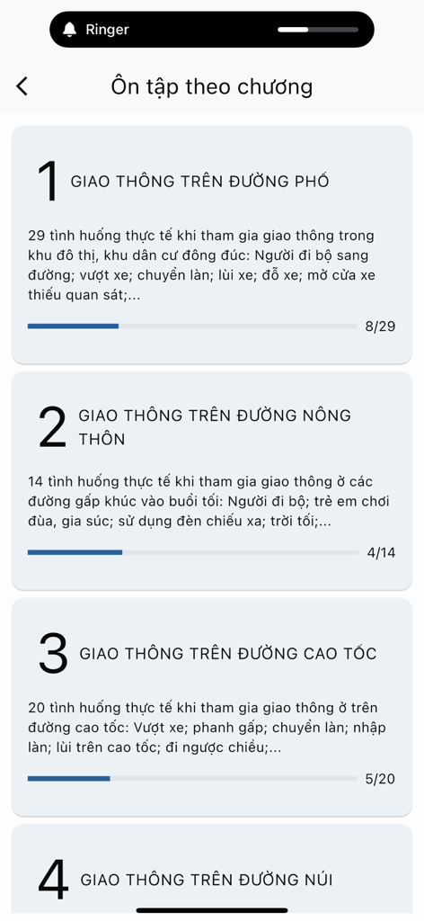 Ôn 120 mô phỏng THGT v2.0.0 - Lista de capítulos de estudio para el simulador de examen de permiso de conducir vietnamita, que incluye escenarios de tráfico urbano y de carretera