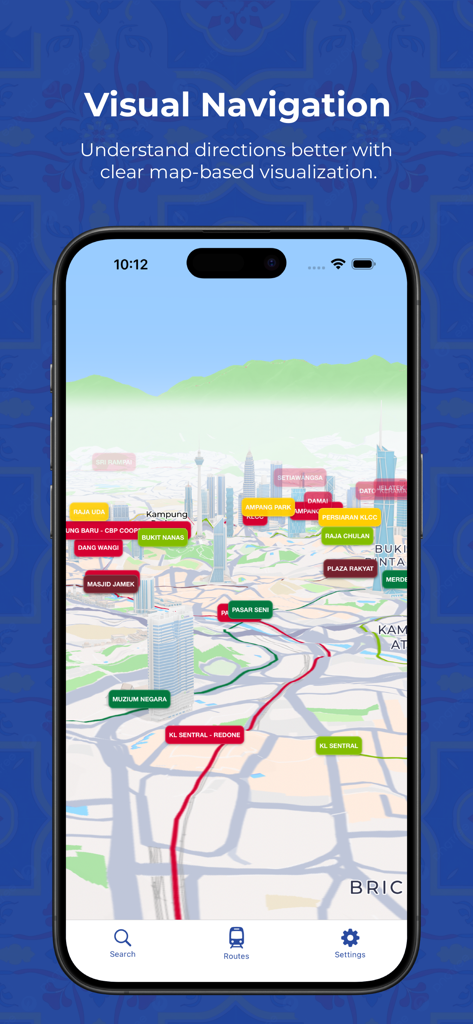 Zupp - MRT, LRT Public Transit - Zupp app screen displaying a 3D visual navigation map of Kuala Lumpur transit lines and stations.