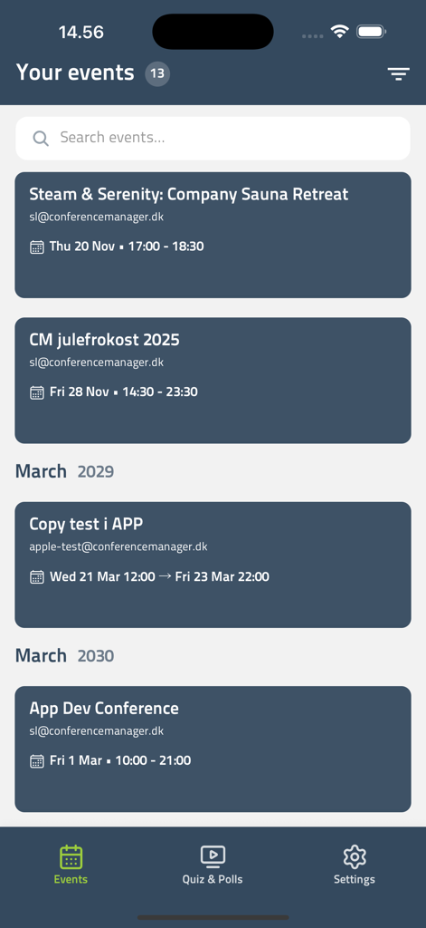 CM Events - CM Events app dashboard displaying a list of upcoming professional events and conferences