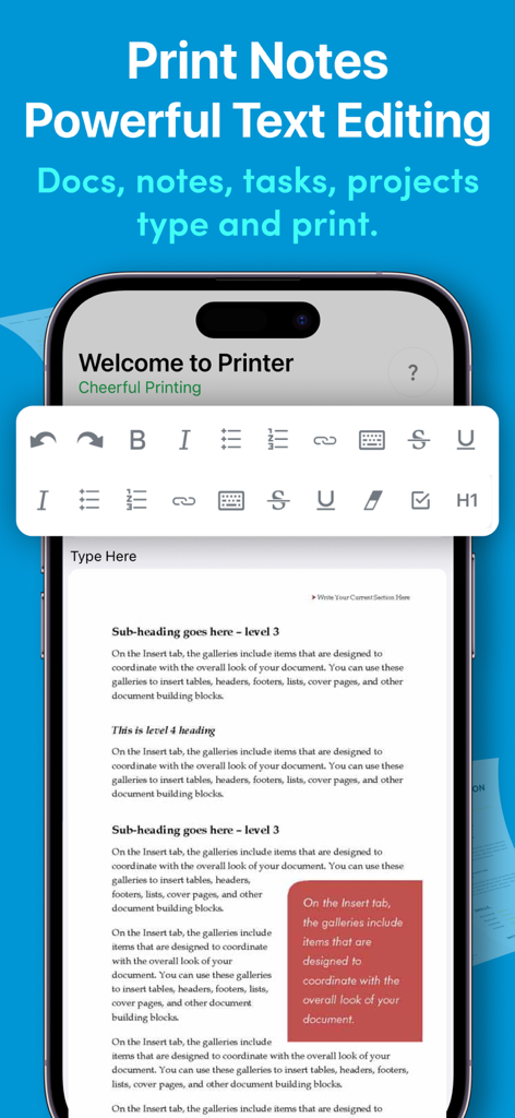 Air Print: Smart Printer App • - Air Printアプリのインターフェース。強力なテキスト編集とメモ印刷機能が表示されています。