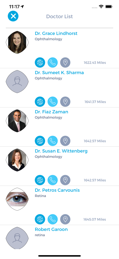 A list of ophthalmologists and retina specialists with contact buttons and distance indicators in the Eyecare app.