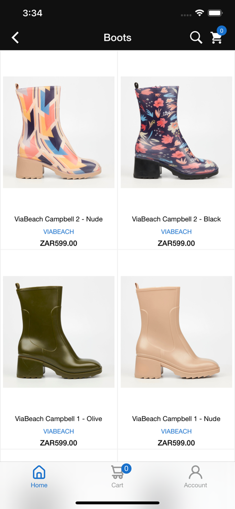 Screenshot of the DC.ONE online shopping app displaying a variety of ViaBeach Campbell boots with prices in ZAR