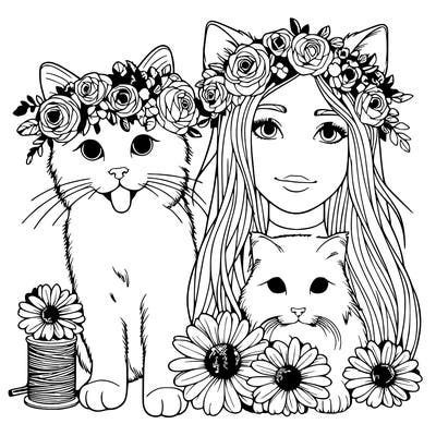 cat and dog and realistic human with a flower crown