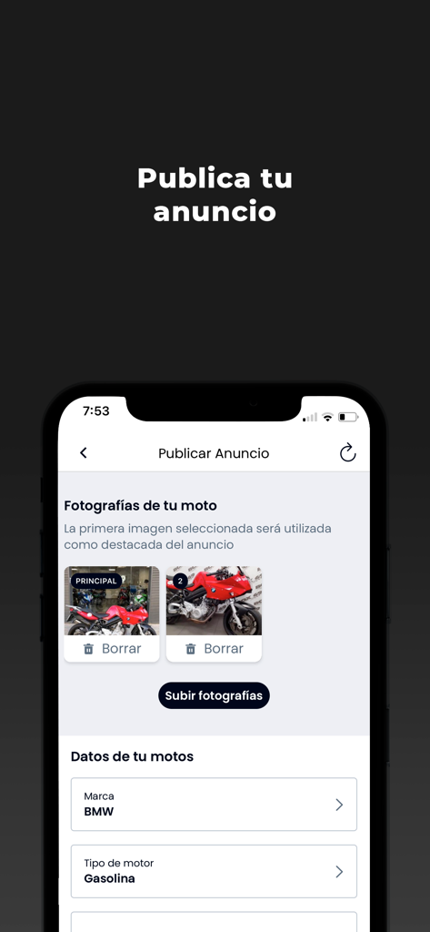 Motos.net - Motos de ocasión - Pantalla de la aplicación Motos.net para publicar un anuncio de venta de moto con fotos y especificaciones