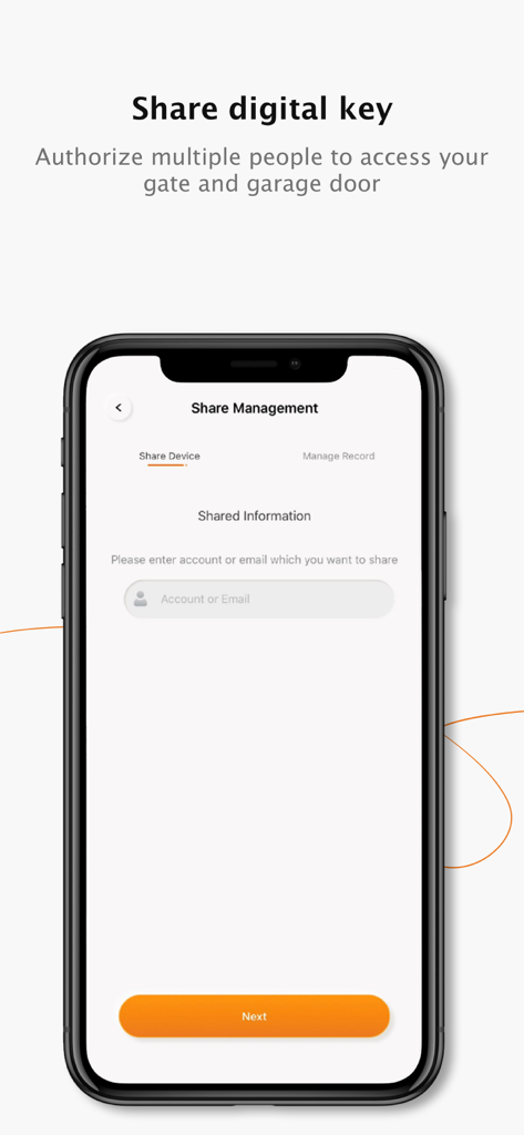 TMT Chow app screen for sharing a digital key to authorize gate and garage door access