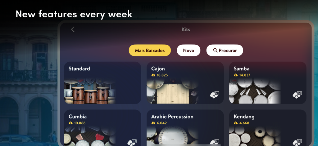 Real Percussion: kit drum pads - A library selection of various drum and percussion kits in the Real Percussion app including Cajon and Samba.