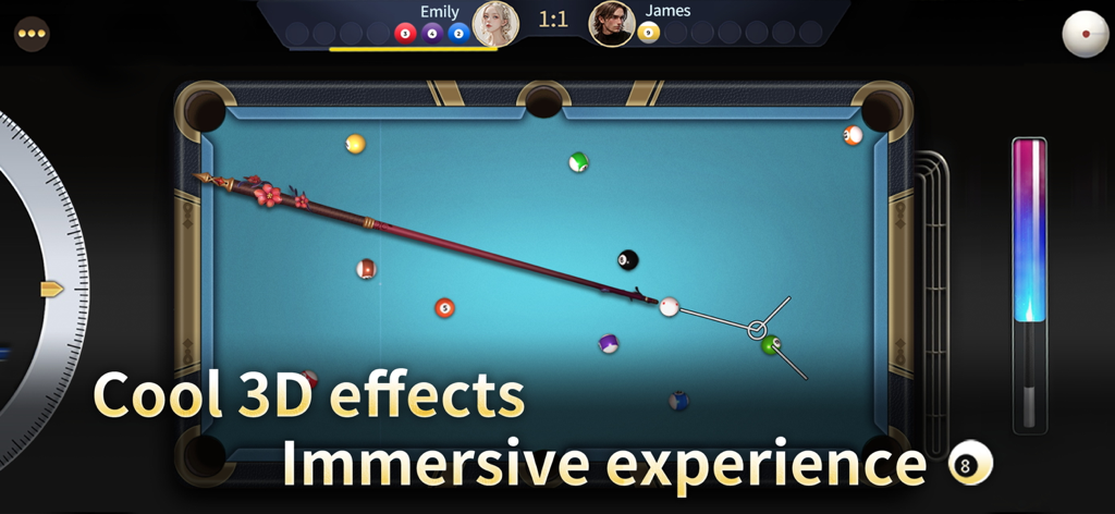 Billiards 8-Ball Pool Master ™ - A top-down view of an 8-ball pool match featuring a decorative cue stick and high-quality 3D effects.