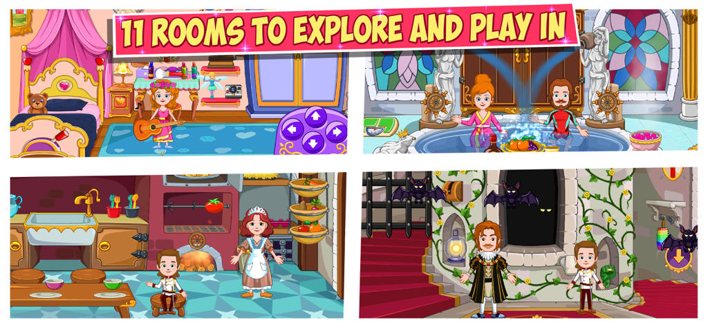 Quatro capturas de tela mostrando diferentes salas interativas e personagens no My Little Princess Castelo