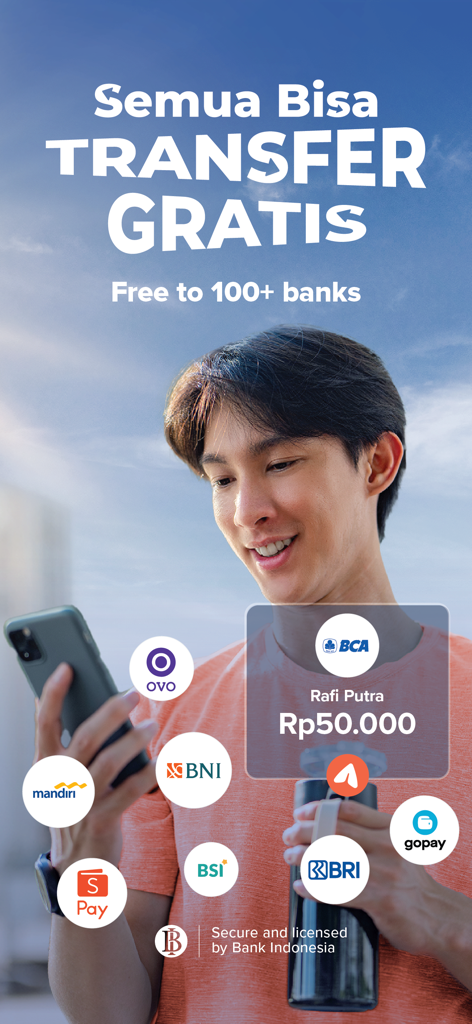 Flip: Transfer Without Admin - 한 남자가 Flip 앱을 사용하여 BCA, BRI, GoPay와 같은 100개 이상의 인도네시아 은행 및 전자 지갑으로 무료 송금을 하고 있습니다.