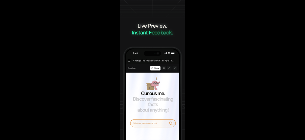 Emergent AI: Vibe Code Apps - Pantalla de previsualización en vivo de la aplicación Emergent AI que muestra retroalimentación instantánea para una aplicación móvil.