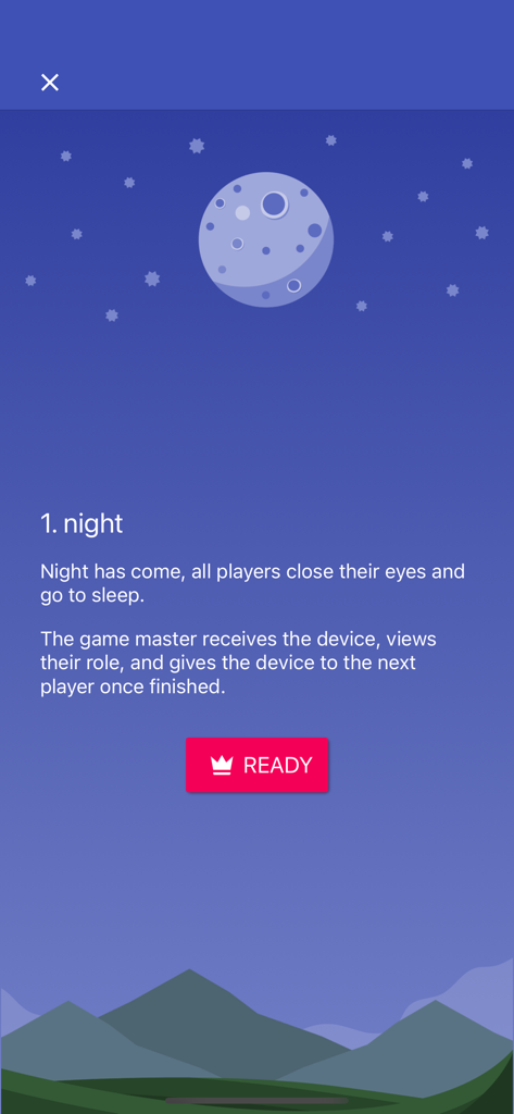 Screenshot of the night phase instructions in the Wolvesville Classic app with a moon and mountain background