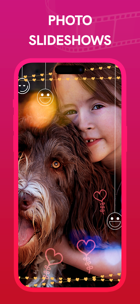 Vizmato: Video Editor & Maker - Photo slideshow feature in Vizmato app showing a girl with her dog and decorative stickers
