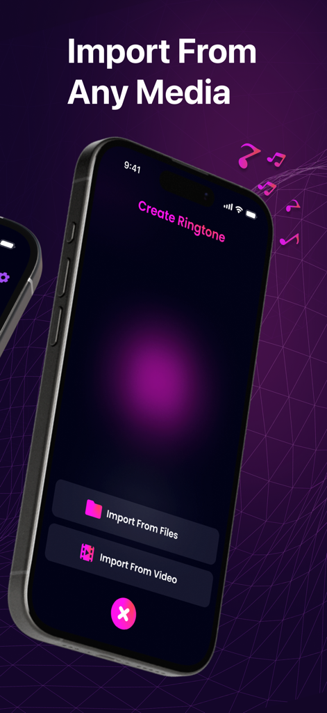 Interfaz de la aplicación Melody Ringtones mostrando opciones de importación desde archivos y vídeo para crear tonos de llamada personalizados.