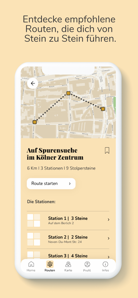 Stolpersteine NRW - The Stolpersteine NRW mobile app interface showing a map with a walking route between historical memorial stones in Cologne Germany