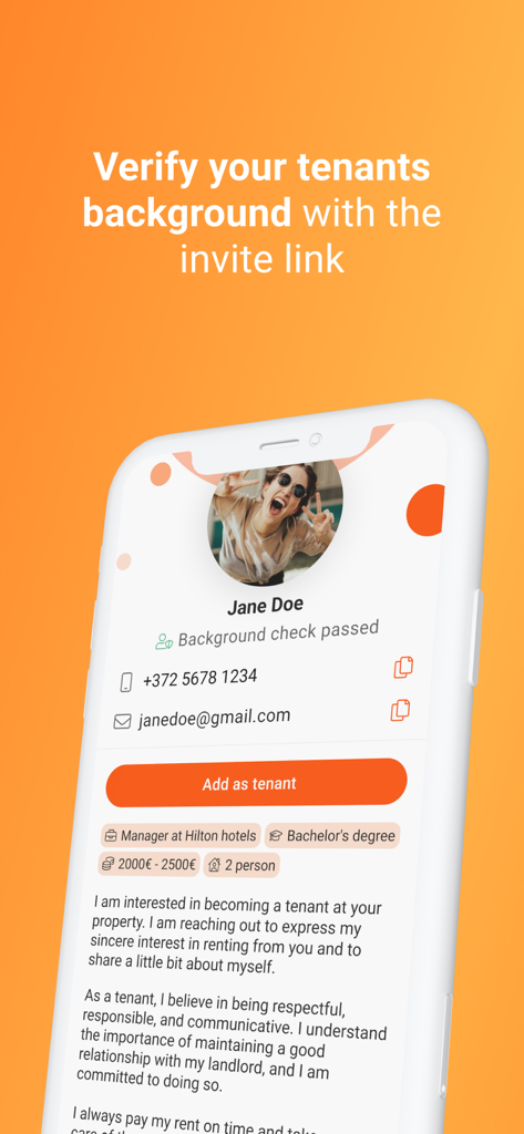 Rendin - Safe Rental Agreement - Mobile app interface showing a tenant profile with a verified background check status and an add as tenant button.