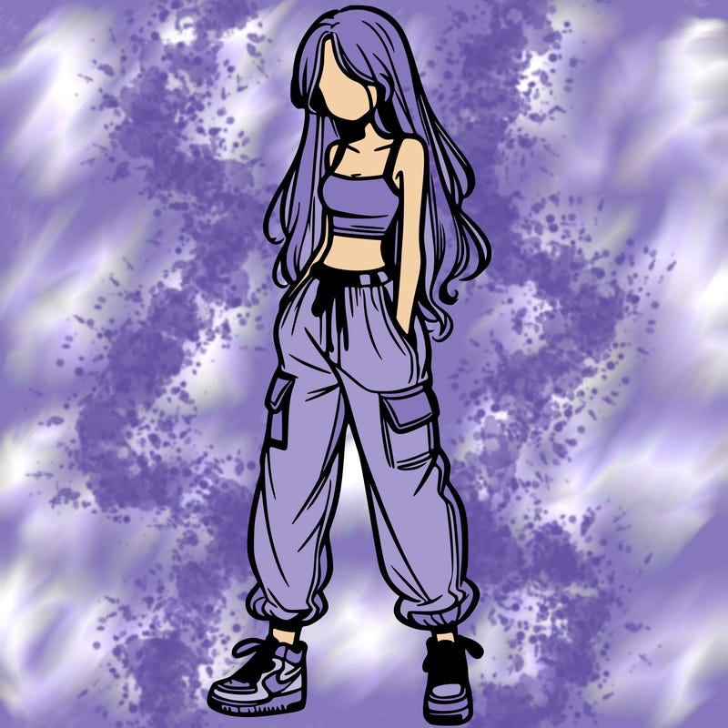 girl in baggy pants crop top and long hair