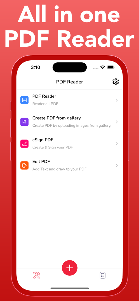PDF Reader PDF Viewer - PDFリーダーアプリのiPhoneスクリーンショット。ドキュメントの読み取り、作成、署名、編集のメニューオプションが表示されています。