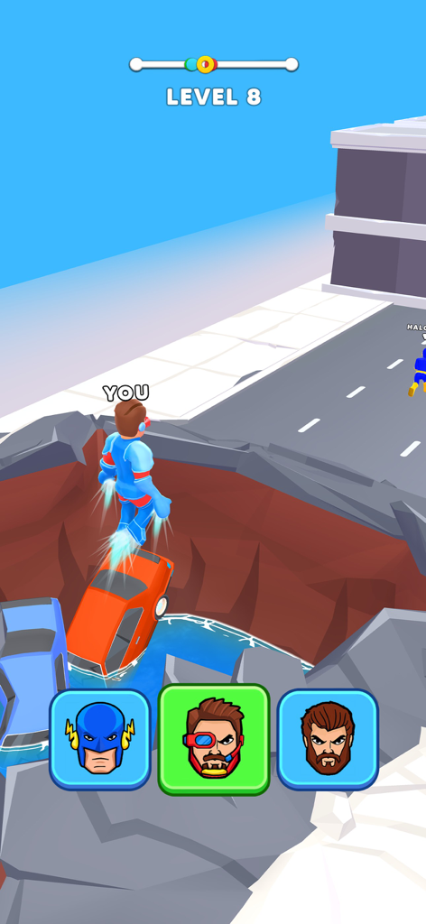 Hero Transform: Superhero Game - A superhero character flying over a water filled gap in level 8 of Hero Transform mobile game