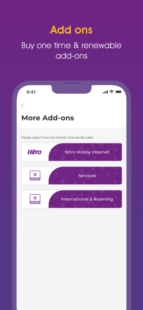 Interface of the My WE app showing options to buy mobile internet, services, and international roaming add-ons.
