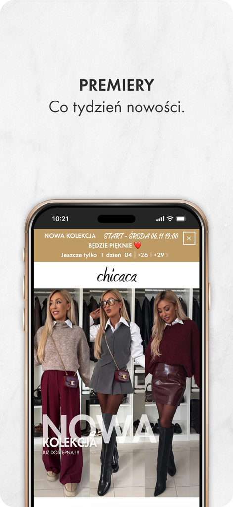 Chicaca.pl - Chicaca mobile app screen highlighting weekly new collection premieres and trendy women's clothing.