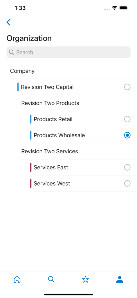 Acumatica mobile app organization selection screen showing company branches