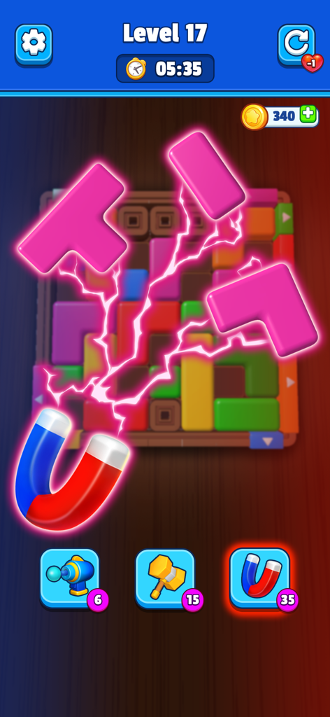 Color Jam Away - Block Puzzle - A magnet power-up attracting pink puzzle blocks in Color Jam Away level 17