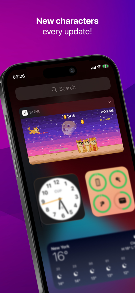 iPhone showing the Steve Dinosaur Game widget with pixel art Doge characters and a night sky background.