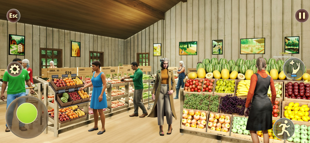 Ranch Farm Store Animal Sim 25 - Interior de una tienda agrícola con clientes comprando en estanterías de productos frescos