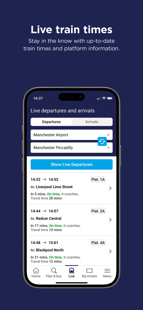 Mobile app screen showing live train departures and arrivals from Manchester Airport with platform information