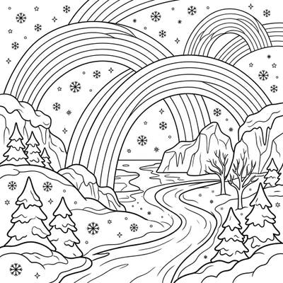 Explore a breathtaking winter scene where majestic monochrome rainbows stretch across a snowy landscape. This unique coloring page offers a serene and crisp artistic experience for all ages.