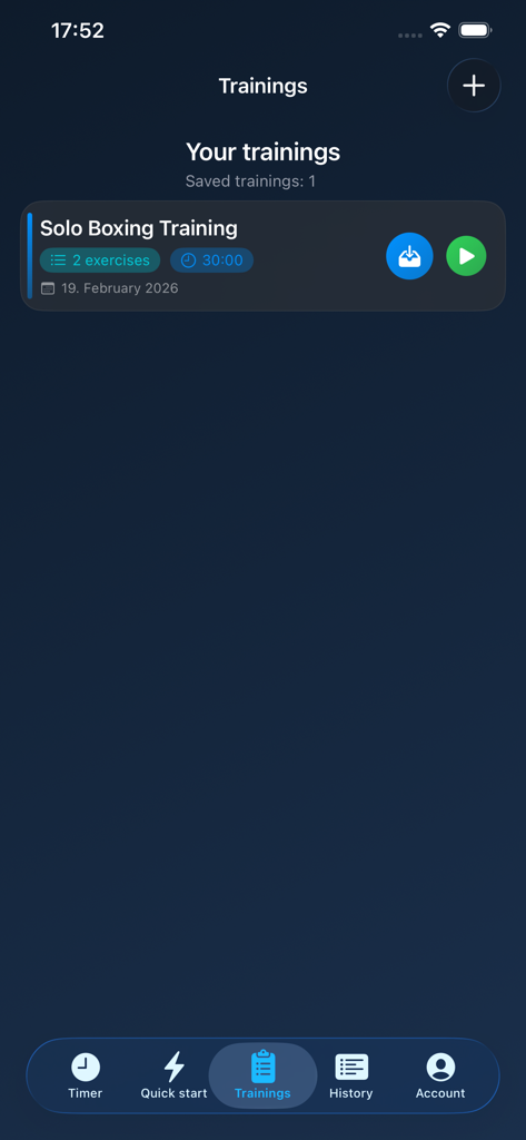 BoxTime - Boxing Timer - Interface do aplicativo BoxTime mostrando uma lista de sessões de treino de boxe personalizadas salvas