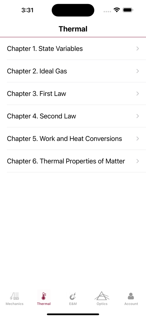 Physics Master - A list of thermal physics chapters in the Physics Master mobile app including Ideal Gas and Laws of Thermodynamics
