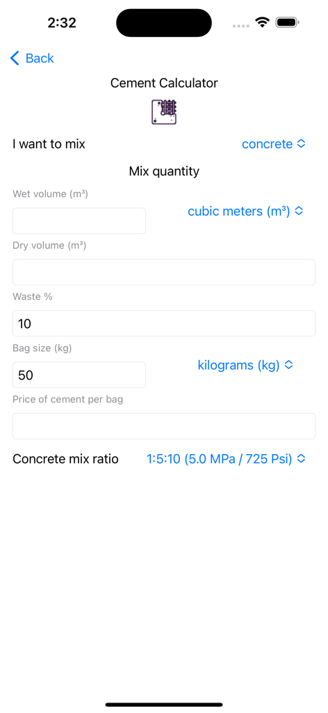 Concrete Calculator Estimator - Cement calculator interface showing mix quantity and concrete ratio settings