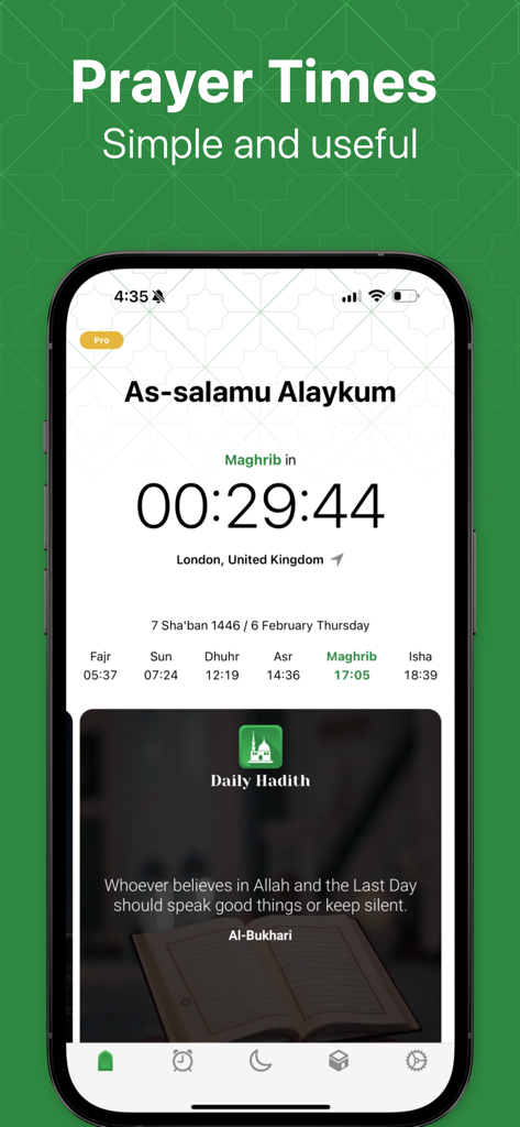 Namaz app home screen interface showing prayer countdown and daily hadith