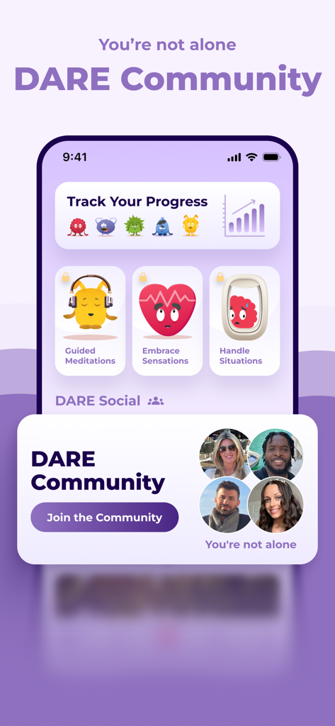 Dare: Panic & Anxiety Relief - DAREコミュニティサポート機能と進捗管理ダッシュボードを表示するモバイルアプリ画面