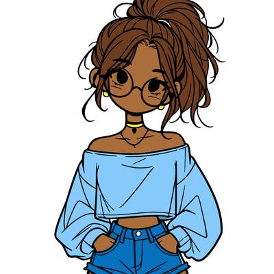 girl with a messy ponytail glasses a baggy crop top and jean shorts