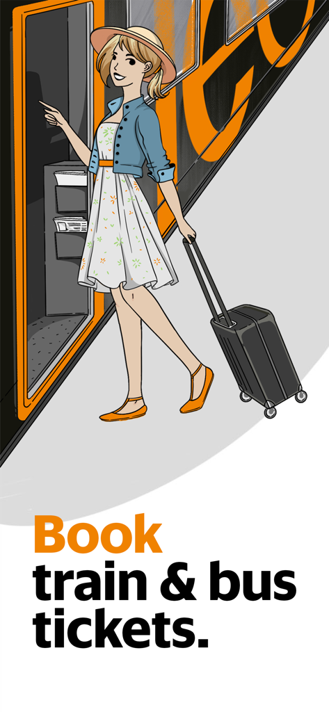 Illustration of a young woman traveler boarding a train with a suitcase and text saying Book train and bus tickets