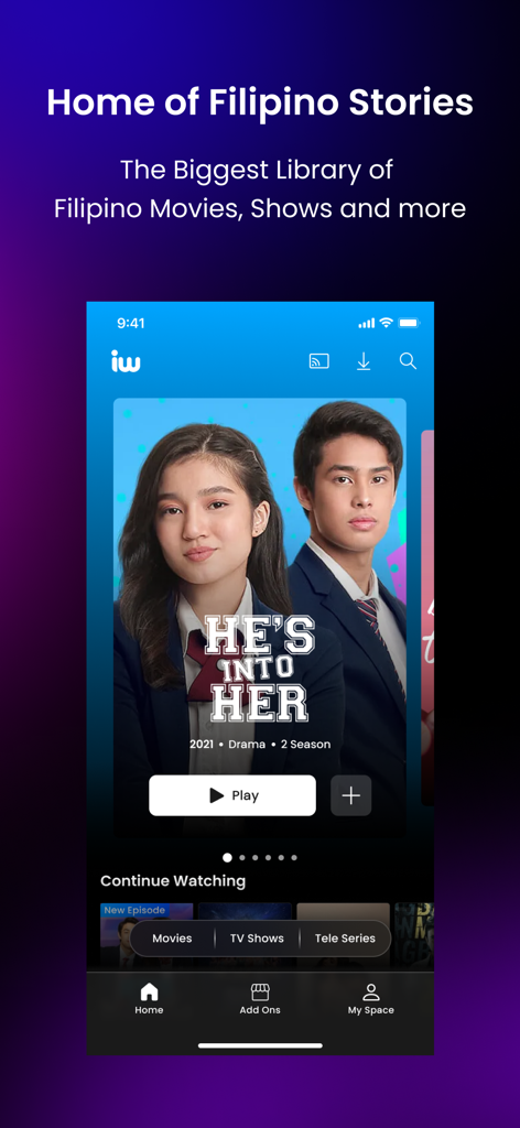 iWantTFC - Pantalla de inicio de la aplicación iWantTFC que muestra el drama filipino He's Into Her con el titular Hogar de Historias Filipinos