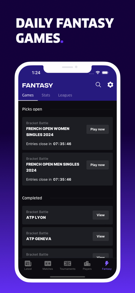 TNNS app interface showing daily fantasy tennis bracket games