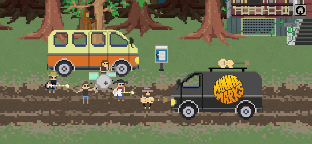 Hussy Hicks - A retro pixel art scene showing a band playing music outdoors next to two touring vans.