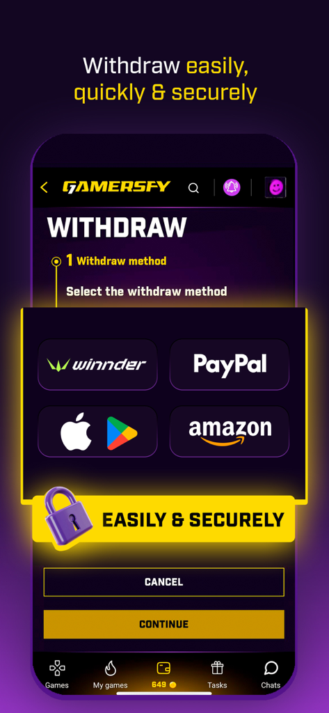 Gamersfy - Secure withdrawal screen on Gamersfy showing PayPal and gift card options