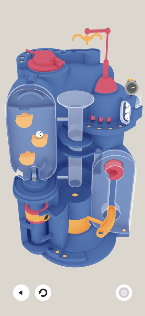 Automatoys - A blue 3D mechanical puzzle course featuring ramps and white balls in the Automatoys mobile game.