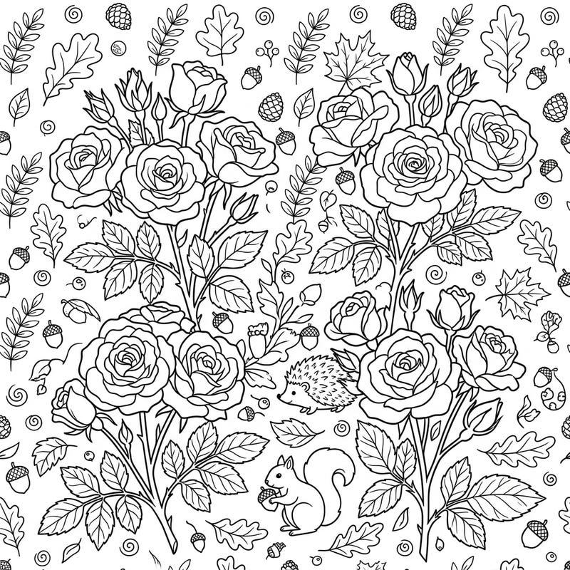 Immerse yourself in the enchanting beauty of autumn with this intricate coloring page featuring abundant Floribunda roses. Discover charming woodland creatures and a tapestry of fall leaves and acorns awaiting your creative touch.