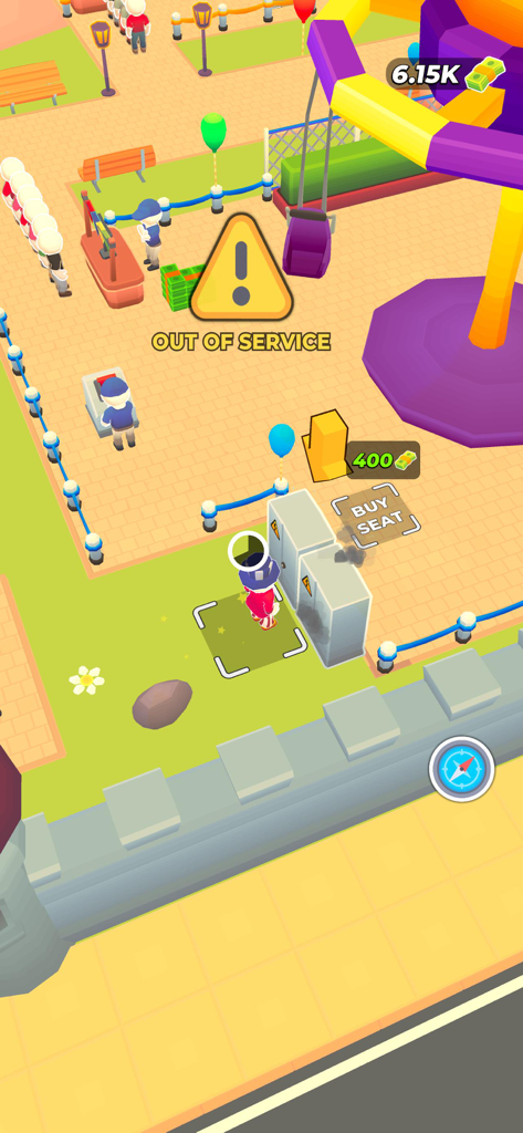 Joy Land! - Capture d'écran de gameplay de Joy Land montrant un manège hors service et des réparations dans un parc d'attractions