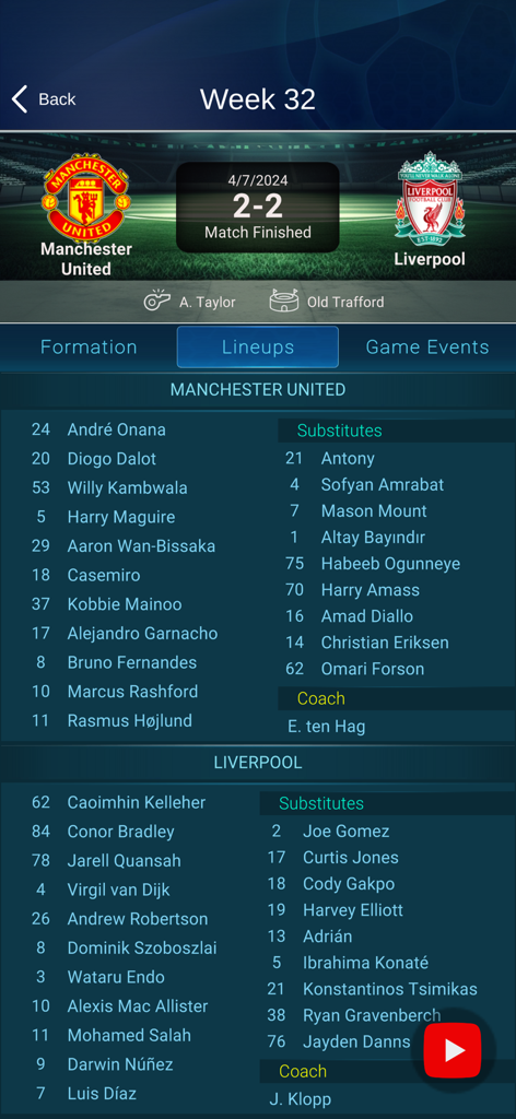 360 Live Scores - Compositions des équipes de football de Manchester United et Liverpool sur l'application 360 Live Scores