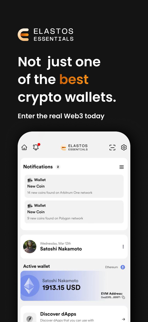 Elastos Essentials 지갑 대시보드에 다중 체인 알림 및 이더리움 잔액이 표시됩니다.