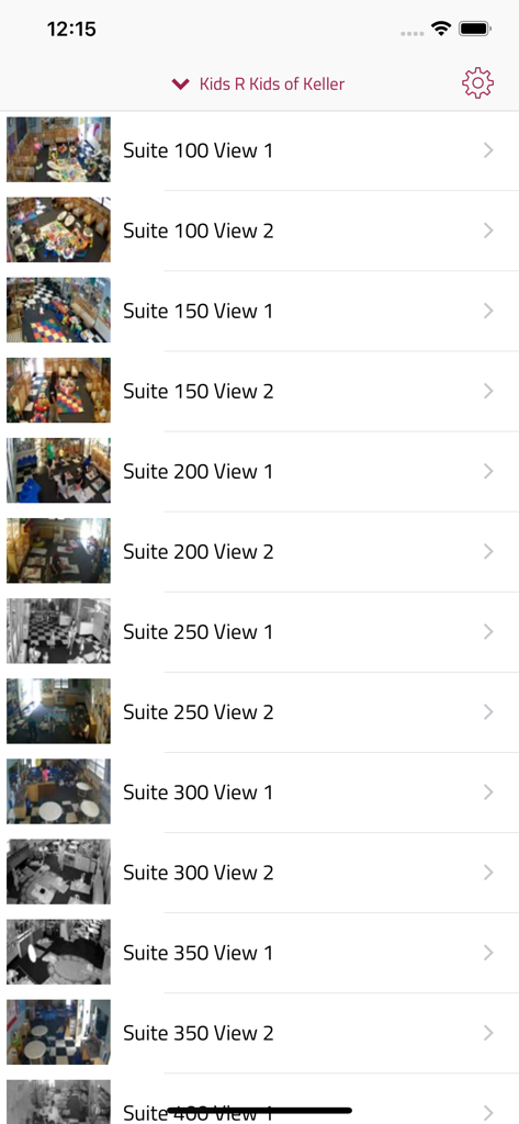 WatchMeGrow - A list of live classroom camera feeds from a childcare center within the WatchMeGrow app interface