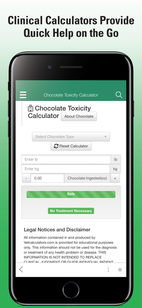 Merck Vet Manual - Merck Vet Manual app chocolate toxicity clinical calculator interface